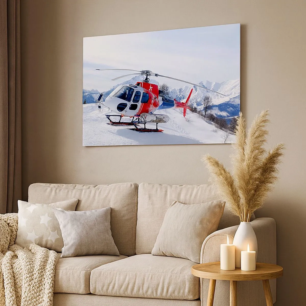 Quadro su tela - Stampe su Tela - Un elicottero rosso sullo sfondo di un paesaggio montano innevato. - 70x50cm - Sempre pronto - Decorazione murale moderna per soggiorno e camera da letto ARTTOR