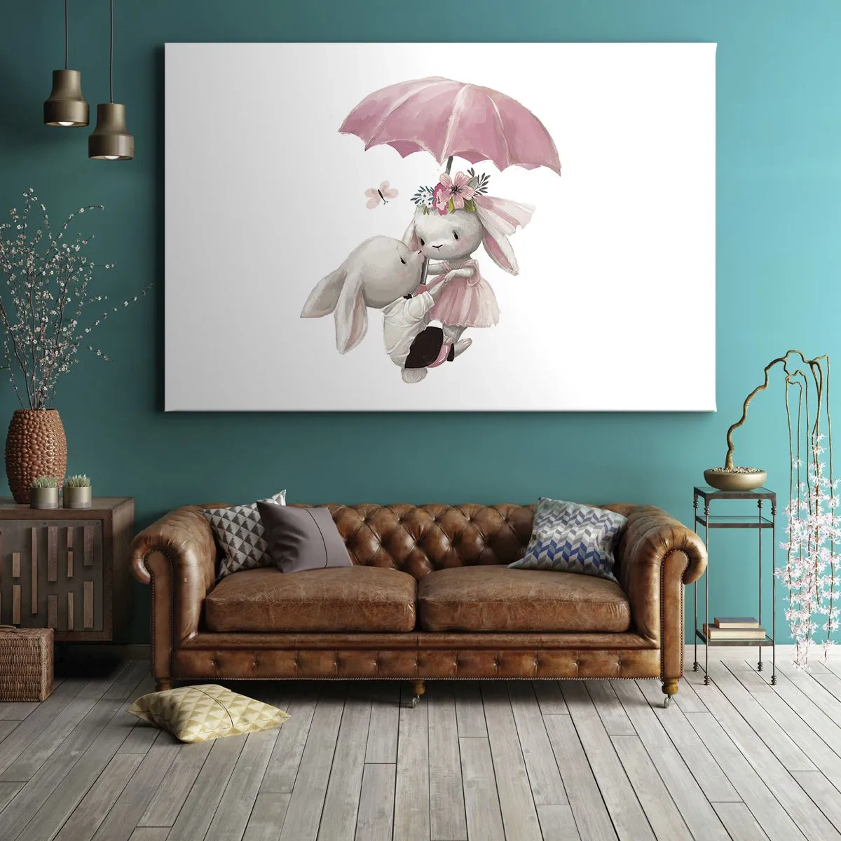 Quadro su tela - Stampe su Tela - Coniglietti carini sotto un ombrello rosa - 70x50cm - Questo è proprio amore - Decorazione murale moderna per soggiorno e camera da letto ARTTOR