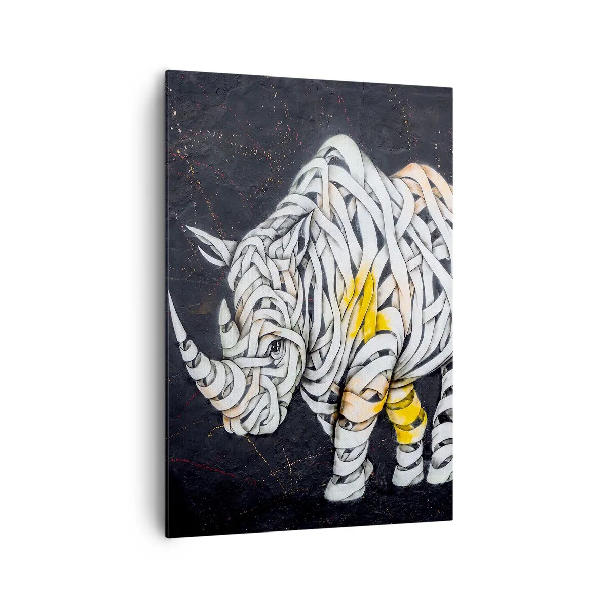 Quadro su tela - Stampe su Tela - Un rinoceronte scolpito con strisce astratte su sfondo scuro. - 70x100cm - La pelle dura è un mito - Decorazione murale moderna per soggiorno e camera da letto ARTTOR