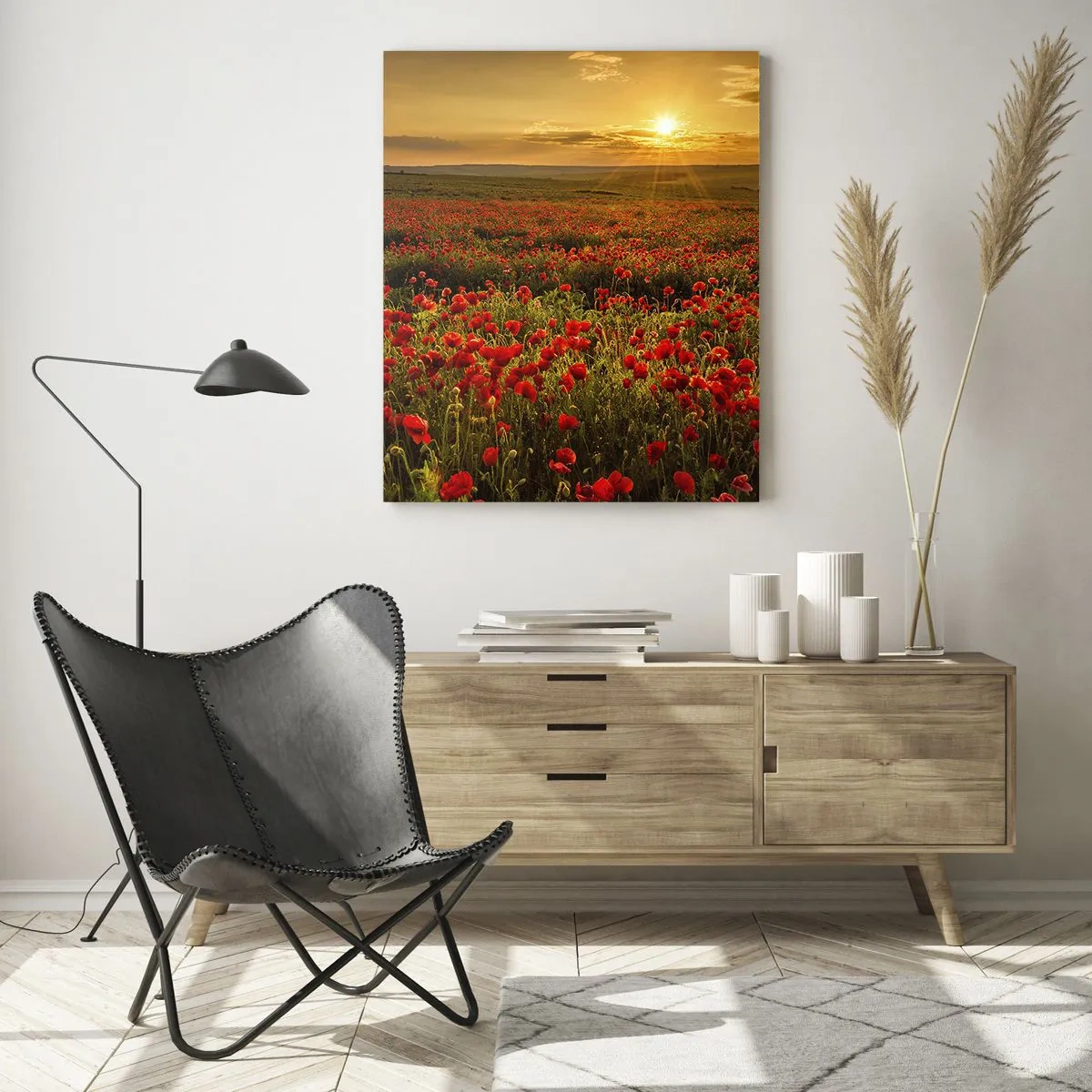 Quadro su vetro - Un campo di papaveri illuminato dai raggi del sole al tramonto - 50x70cm - Tra il fruscio delle erbe, in un'esplosione di fiori - Decorazione murale moderna per soggiorno e camera da letto ARTTOR