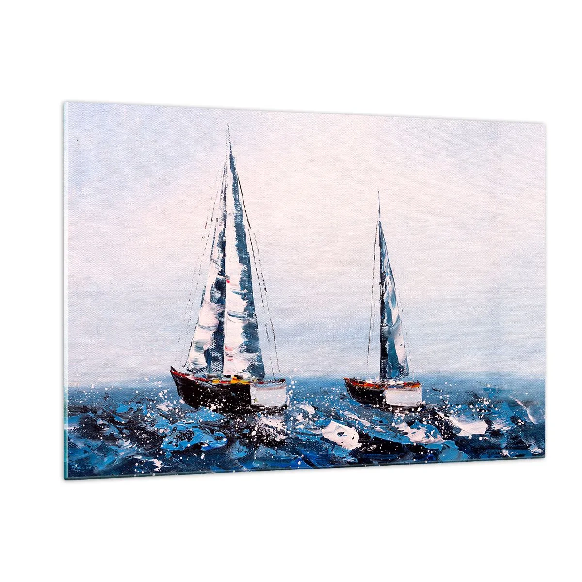 Quadro su vetro - Due yacht su un mare in tempesta in uno stile pittorico impressionista. - 120x80cm - Fratellanza nel vento - Decorazione murale moderna per soggiorno e camera da letto ARTTOR
