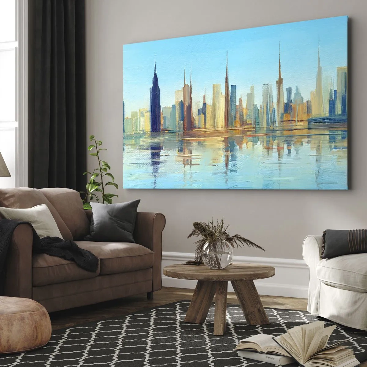 Quadro su tela - Stampe su Tela - Un panorama della città dai colori caldi con riflessi nell'acqua - 70x50cm - Metropoli assolata - Decorazione murale moderna per soggiorno e camera da letto ARTTOR