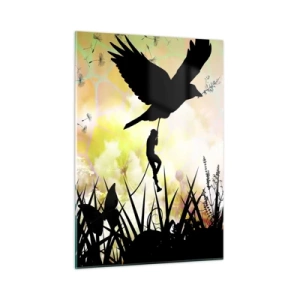 Quadro su vetro - Illustrazione di una figura che si arrampica su un uccello su uno sfondo di fiori colorati. - 50x70cm - Nell'atmosfera delle favole - Decorazione murale moderna per soggiorno e camera da letto ARTTOR