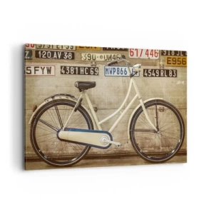 Quadro su tela - Stampe su Tela - Una bicicletta retrò contro un muro decorato con targhe - 120x80cm - Senza complessi - Decorazione murale moderna per soggiorno e camera da letto ARTTOR