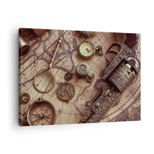 Quadro su tela - Stampe su Tela - Oggetti antichi su una vecchia mappa in stile retrò - 70x50cm - La natura chiama - Decorazione murale moderna per soggiorno e camera da letto ARTTOR