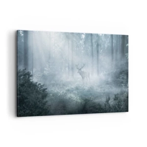 Quadro su tela - Stampe su Tela - Un cervo in una fitta foresta avvolto nella nebbia mattutina - 120x80cm - Passeggiata mattutina sulle sue terre - Decorazione murale moderna per soggiorno e camera da letto ARTTOR