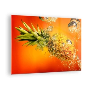 Quadro su vetro - Ananas immerso nell'acqua su uno sfondo di colore arancione intenso - 70x50cm - Succosa freschezza tropicale - Decorazione murale moderna per soggiorno e camera da letto ARTTOR