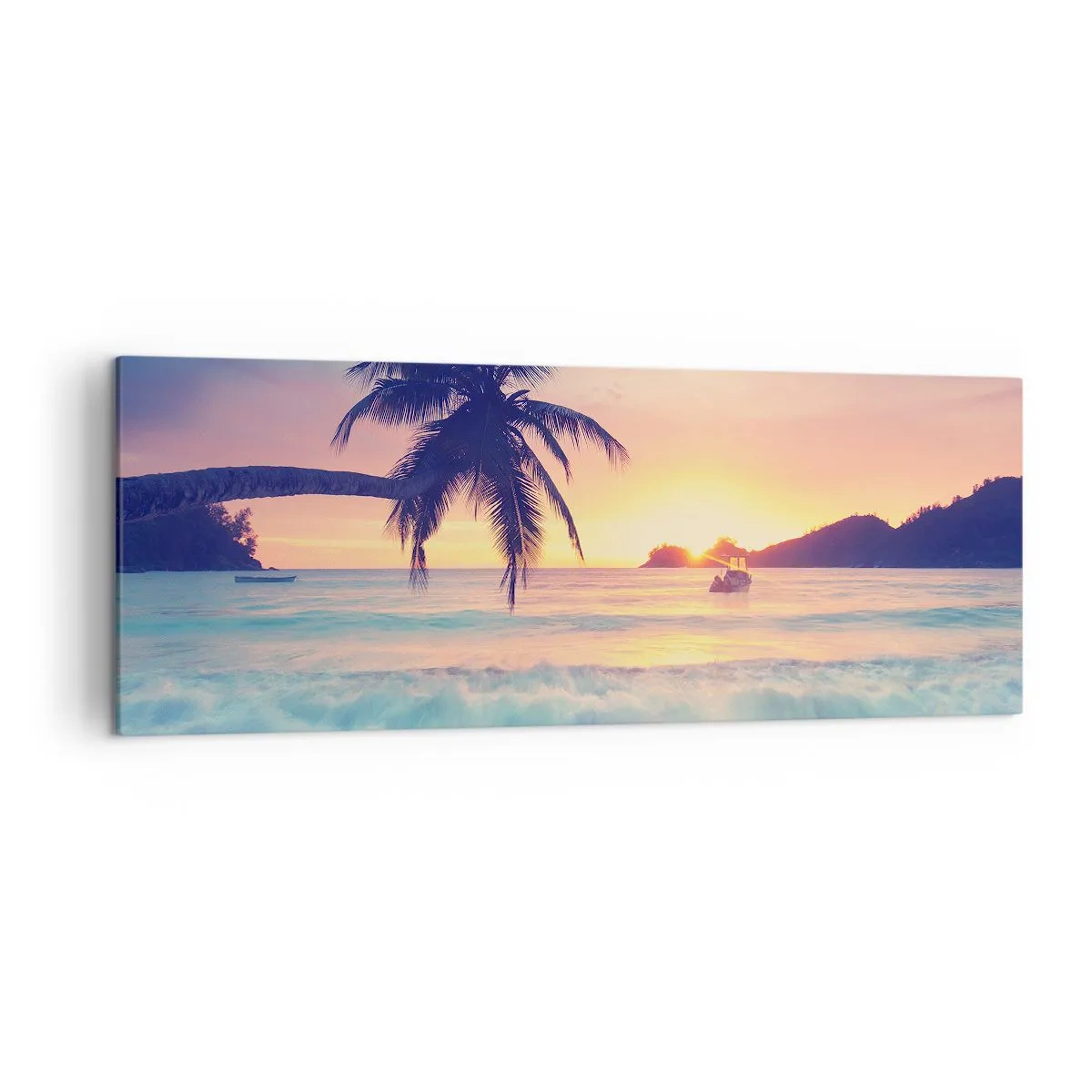 Quadro su tela - Stampe su Tela - Spiaggia con una palma e un tramonto sull'oceano - 140x50cm - Sera nell'insenatura - Decorazione murale moderna per soggiorno e camera da letto ARTTOR