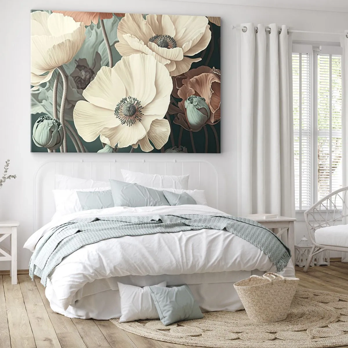 Quadro su tela - Stampe su Tela - Eleganti fiori in tonalità pastello su sfondo verde - 100x70cm - Il sussurro dei papaveri - Decorazione murale moderna per soggiorno e camera da letto ARTTOR