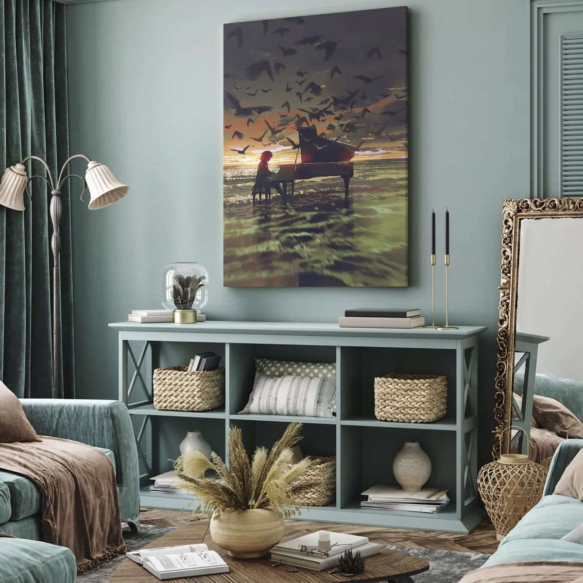 Quadro su tela - Stampe su Tela - Un pianoforte in riva al mare al tramonto con gli uccelli - 80x120cm - Concerto per pianoforte e onde - Decorazione murale moderna per soggiorno e camera da letto ARTTOR