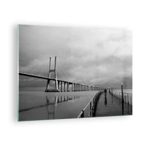 Quadro su vetro - Un ponte in un paesaggio monocromatico con un ciclista - 70x50cm - A ciascuno ciò che gli spetta - Decorazione murale moderna per soggiorno e camera da letto ARTTOR