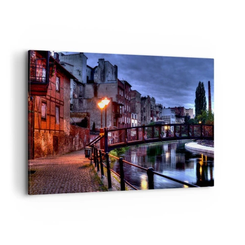 Quadro su tela - Stampe su Tela - Vista serale delle case popolari e del ponte sul canale - 120x80cm - Questa Bydgoszcz non la conosci - Decorazione murale moderna per soggiorno e camera da letto ARTTOR