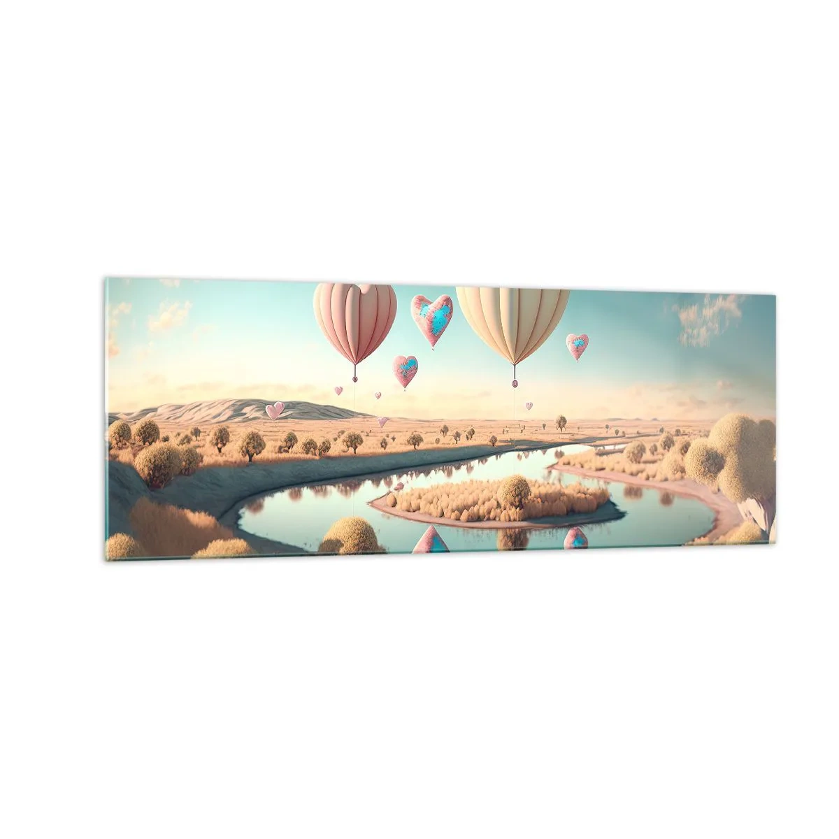 Quadro su vetro - Palloncini a forma di cuore che fluttuano sopra il paesaggio - 140x50cm - L'amore permette di volare - Decorazione murale moderna per soggiorno e camera da letto ARTTOR