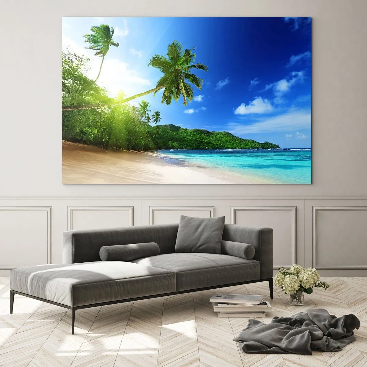 Quadro su vetro - Spiaggia tropicale con palme e acqua cristallina - 120x80cm - Il lieve tocco dei tropici - Decorazione murale moderna per soggiorno e camera da letto ARTTOR