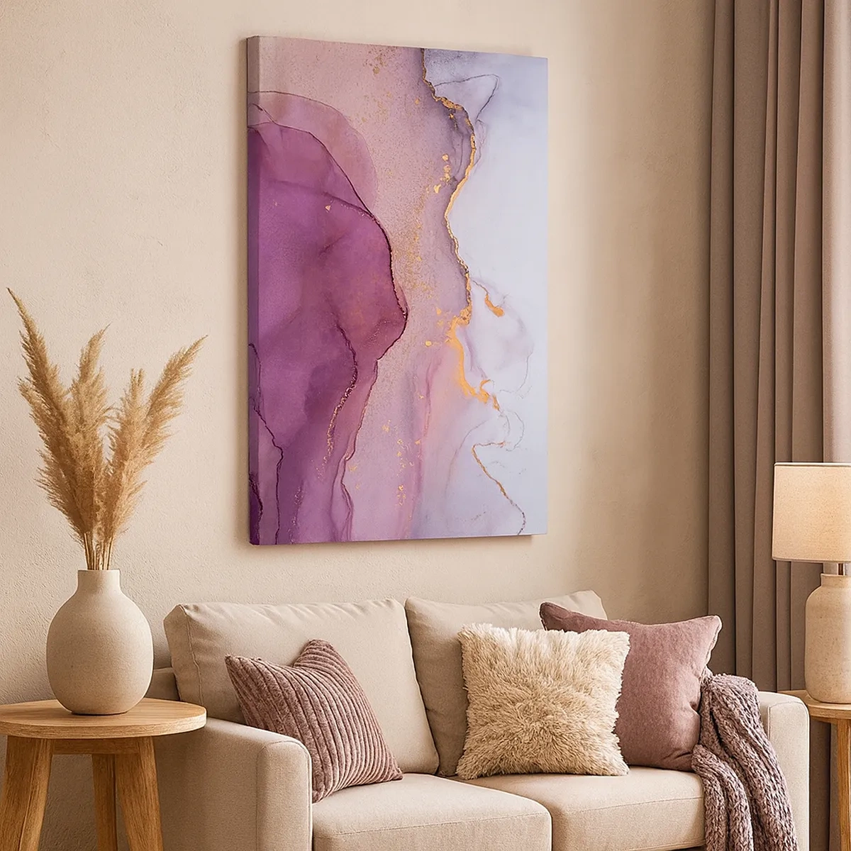 Quadro su tela - Stampe su Tela - Una composizione astratta nei toni del viola e dell'oro. - 50x70cm - Onde di lilla e viola - Decorazione murale moderna per soggiorno e camera da letto ARTTOR