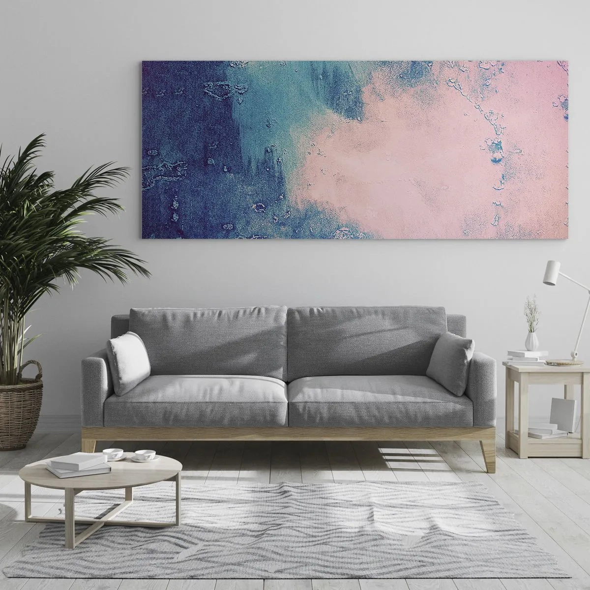 Quadro su vetro - Texture astratta nei toni del rosa e del blu - 160x50cm - Abbracci nel blu - Decorazione murale moderna per soggiorno e camera da letto ARTTOR