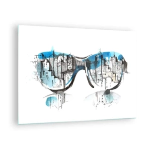 Quadro su vetro - Il panorama della città riflesso negli occhiali da sole - 70x50cm - Chic della grande città - Decorazione murale moderna per soggiorno e camera da letto ARTTOR
