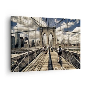 Quadro su tela - Stampe su Tela - Ponte di Brooklyn con vista su pedoni e ciclisti - 70x50cm - Dritto al cuore della città - Decorazione murale moderna per soggiorno e camera da letto ARTTOR