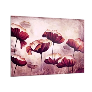 Quadro su vetro - Papaveri rossi e bianchi contro un cielo luminoso - 100x70cm - Petalo rosso e bianco - Decorazione murale moderna per soggiorno e camera da letto ARTTOR