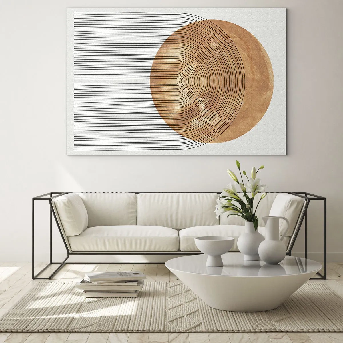 Quadro su vetro - Forma geometrica con linee concentriche e un cerchio dorato - 70x50cm - Composizione solare - Decorazione murale moderna per soggiorno e camera da letto ARTTOR