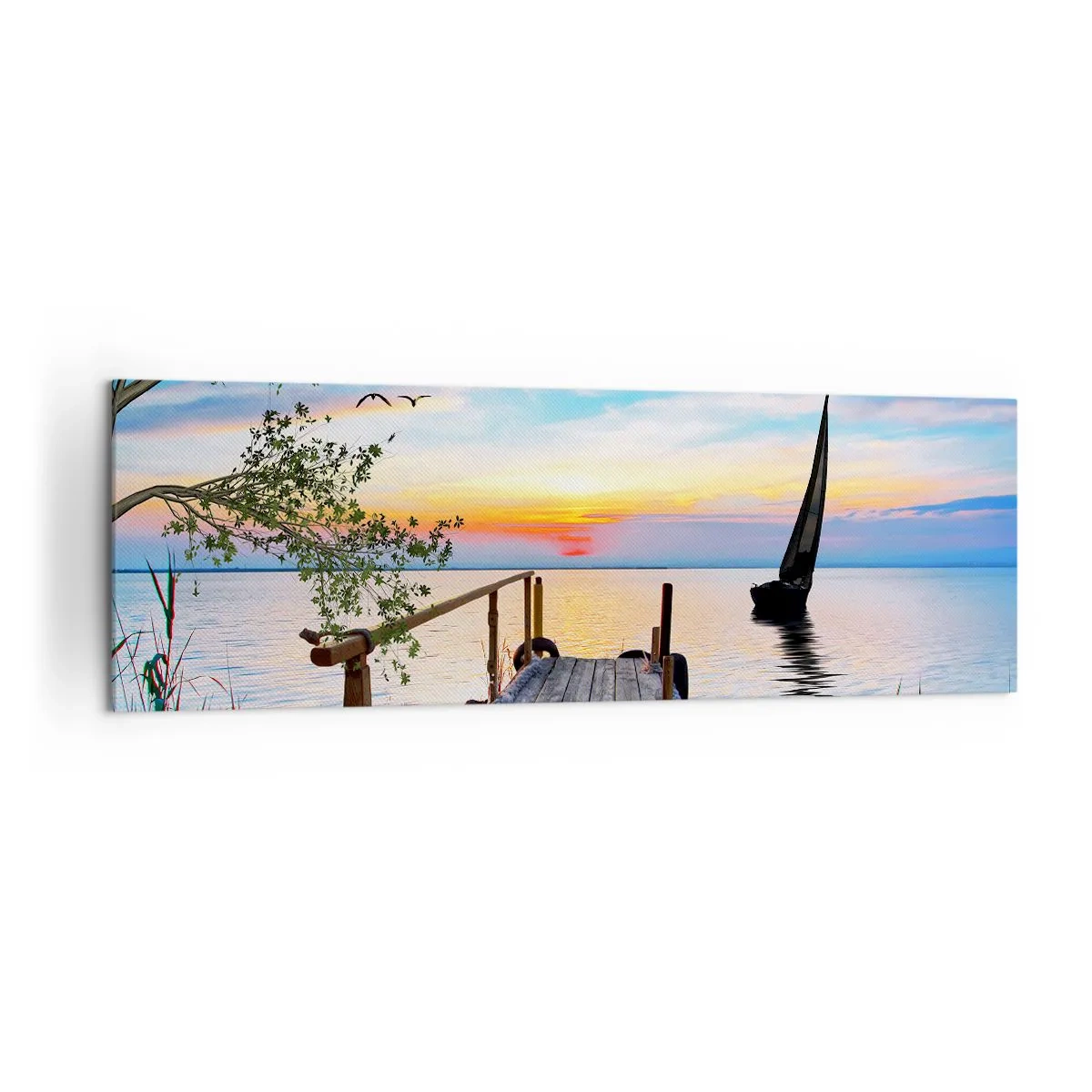 Quadro su tela - Stampe su Tela - Molo del lago con barca e tramonto - 160x50cm - Buona sera - Decorazione murale moderna per soggiorno e camera da letto ARTTOR