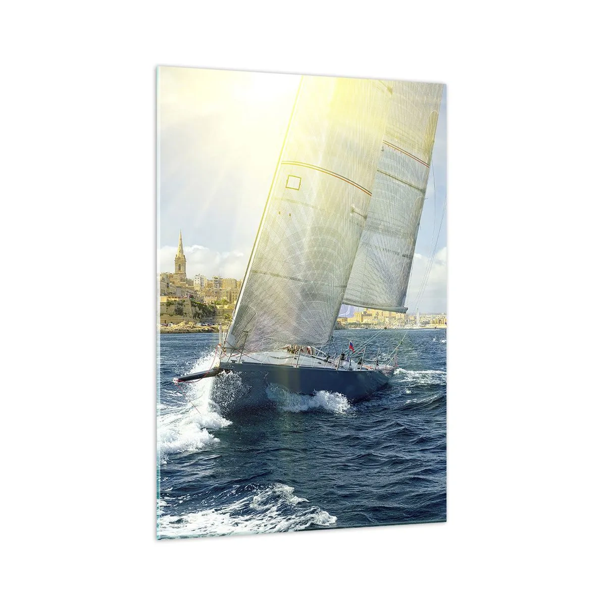 Quadro su vetro - Gara di yacht sullo sfondo di una costa soleggiata - 70x100cm - Tempo di lasciare la città - Decorazione murale moderna per soggiorno e camera da letto ARTTOR