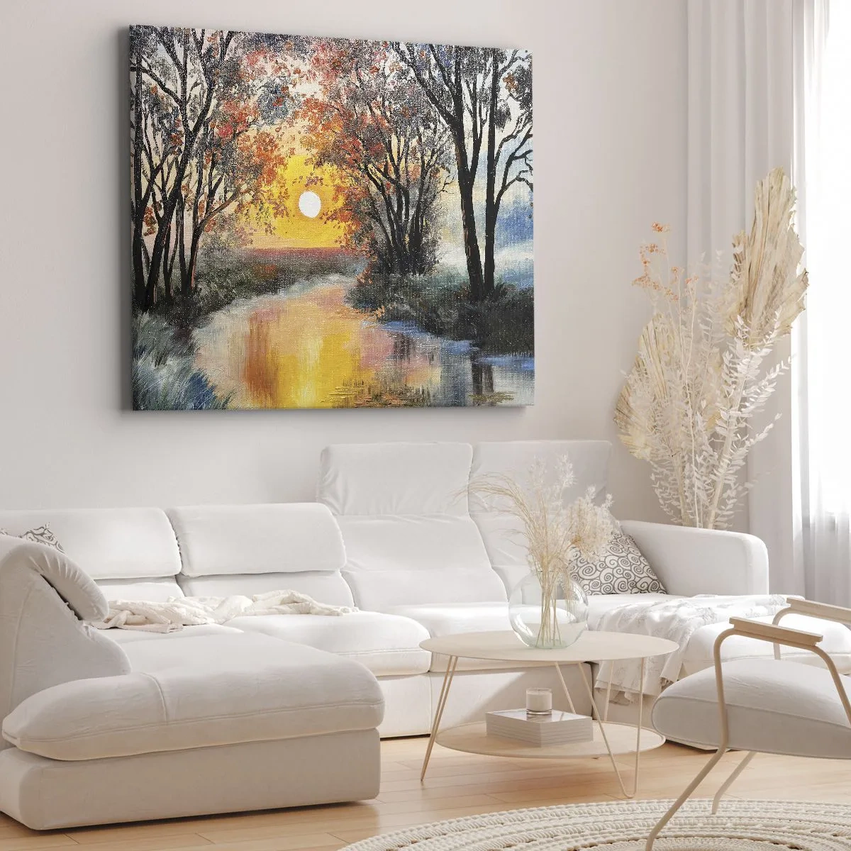 Quadro su tela - Stampe su Tela - Tramonto sul fiume in un paesaggio autunnale - 120x80cm - Atmosfera autunnale - Decorazione murale moderna per soggiorno e camera da letto ARTTOR