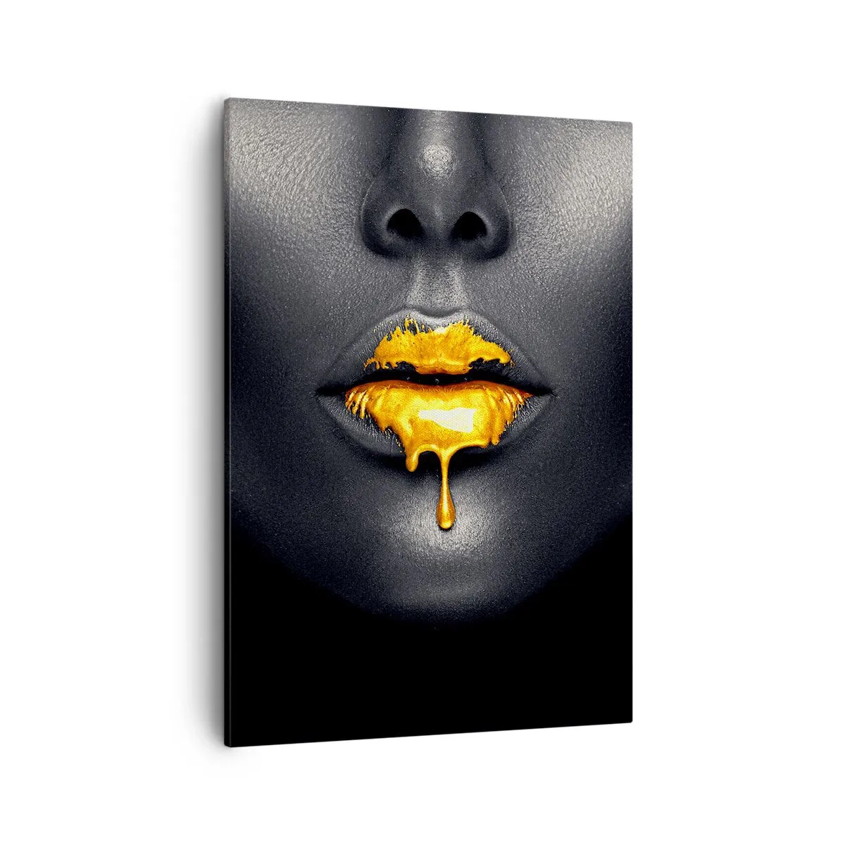 Quadro su tela - Stampe su Tela - Ritratto nero e oro di una donna con una goccia d'oro sulle labbra - 50x70cm - Boccadoro - Decorazione murale moderna per soggiorno e camera da letto ARTTOR