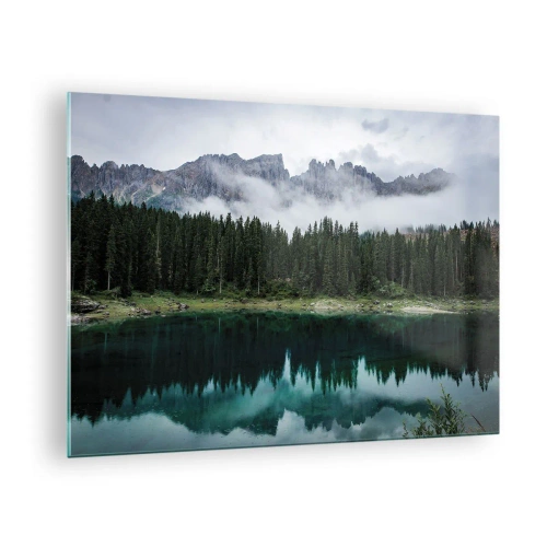 Quadro su vetro - Paesaggio montano con lago e foresta riflessi nell'acqua - 70x50cm - Silenzio, non svegliamo l'acqua che dorme... - Decorazione murale moderna per soggiorno e camera da letto ARTTOR