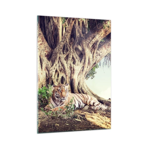 Quadro su vetro - Una tigre sdraiata sotto un albero che si estende nella giungla - 50x70cm - Vista dal Libro della Genesi - Decorazione murale moderna per soggiorno e camera da letto ARTTOR