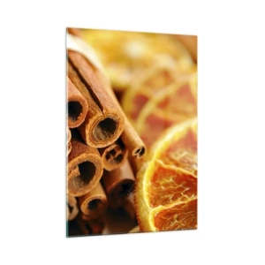 Quadro su vetro - Primo piano di bastoncini di cannella e fette di arancia essiccate - 50x70cm - Senti il loro profumo? - Decorazione murale moderna per soggiorno e camera da letto ARTTOR