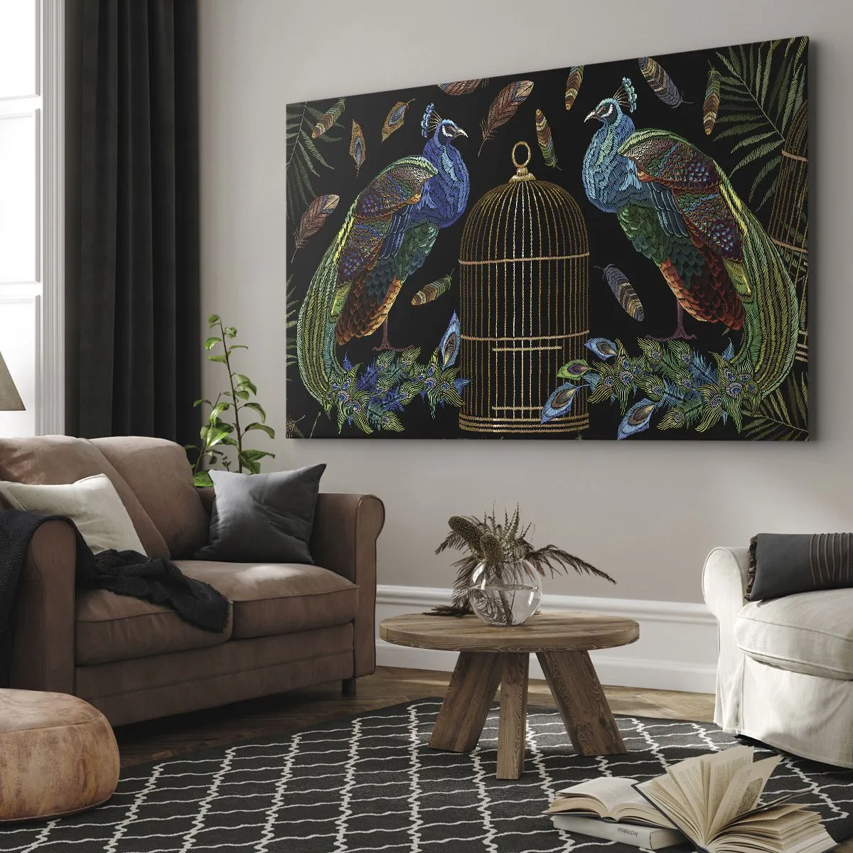 Quadro su tela - Stampe su Tela - Pavoni accanto a una gabbia dorata su sfondo nero - 70x50cm - Con gli abiti reali - Decorazione murale moderna per soggiorno e camera da letto ARTTOR