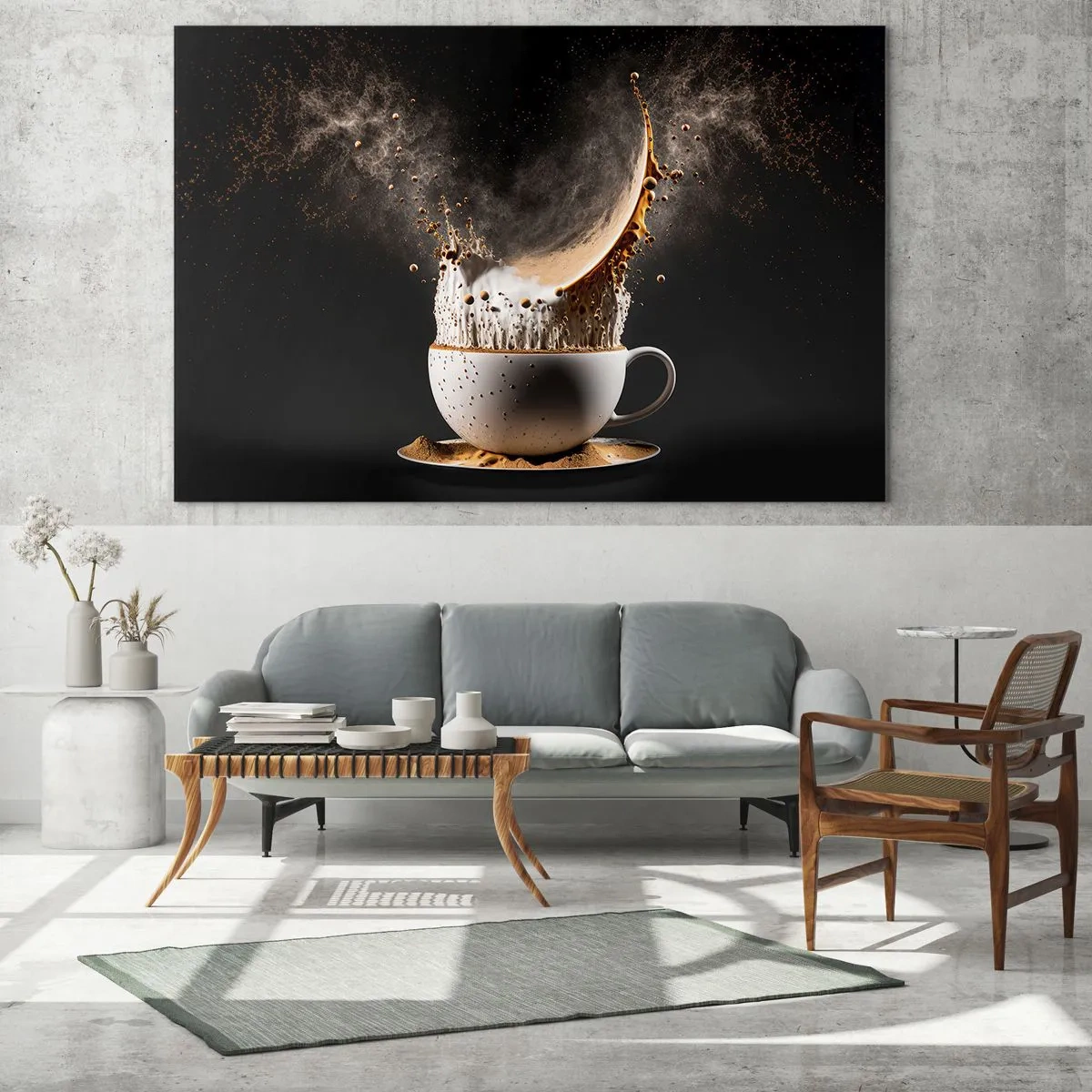 Quadro su vetro - Spruzzare caffè con latte in uno scatto dinamico - 100x70cm - Esplosione di sapore - Decorazione murale moderna per soggiorno e camera da letto ARTTOR