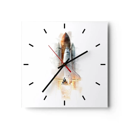 Orologio da parete - Orologio in Vetro - Un'interpretazione artistica ad acquerello di uno space shuttle in decollo - 30x30cm - La partenza degli esploratori - Decorazione murale moderna per soggiorno e camera da letto ARTTOR