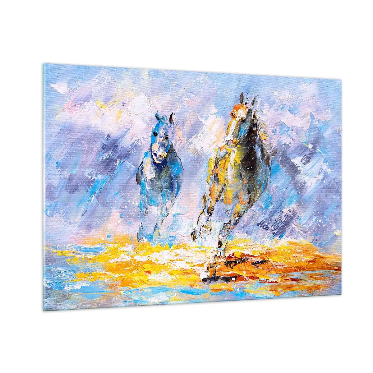 Quadro su vetro - Due cavalli al galoppo nell'acqua in stile artistico - 100x70cm - Al galoppo nella luce - Decorazione murale moderna per soggiorno e camera da letto ARTTOR
