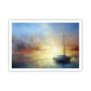 Poster - Uno yacht su un mare calmo al tramonto - 100x70cm - Nella baia dorata - Decorazione murale moderna per soggiorno e camera da letto ARTTOR