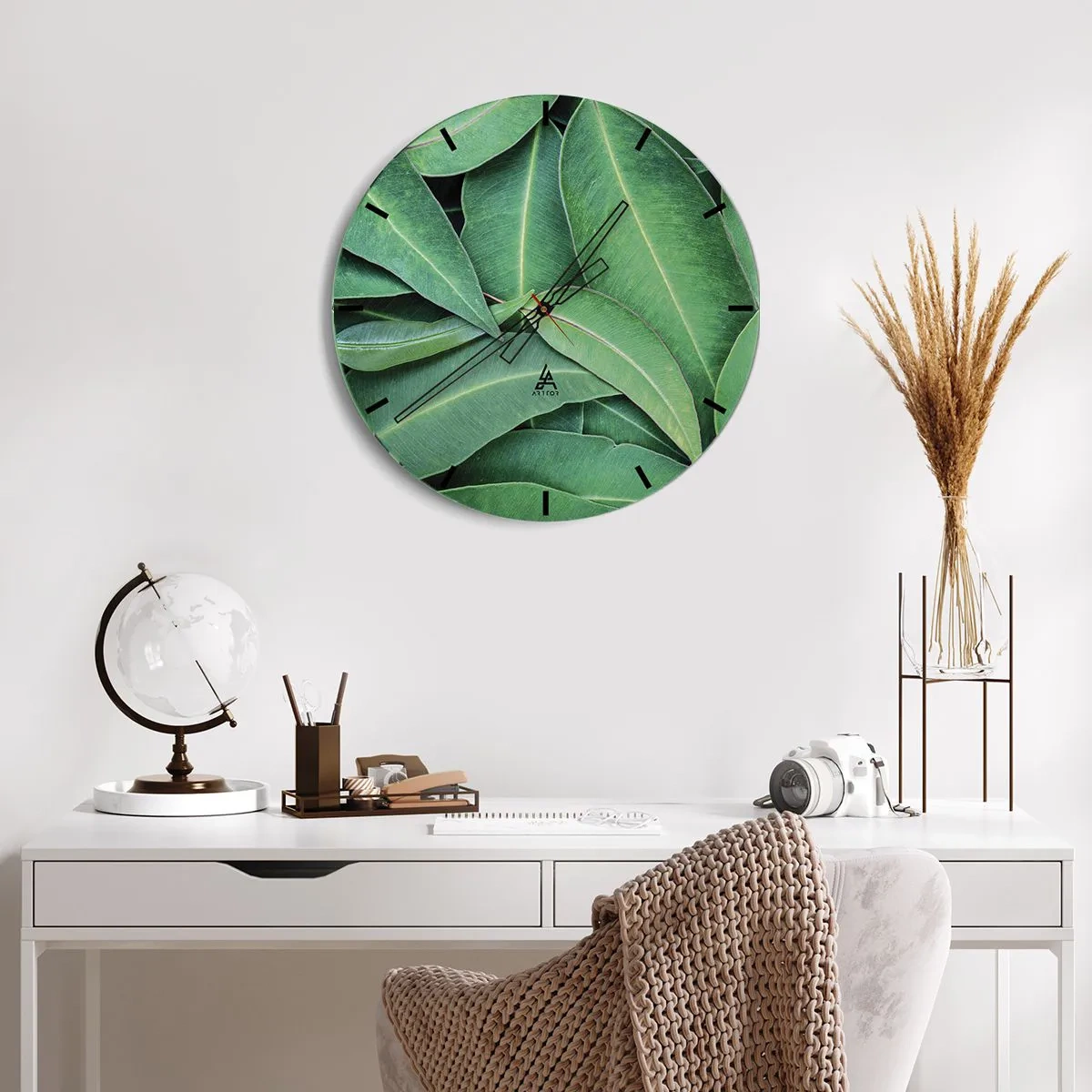 Orologio da parete - Orologio in Vetro - Foglie verdi succose in una ripresa macro - 30x30cm - Succosi e freschi - Decorazione murale moderna per soggiorno, cucina e camera da letto ARTTOR