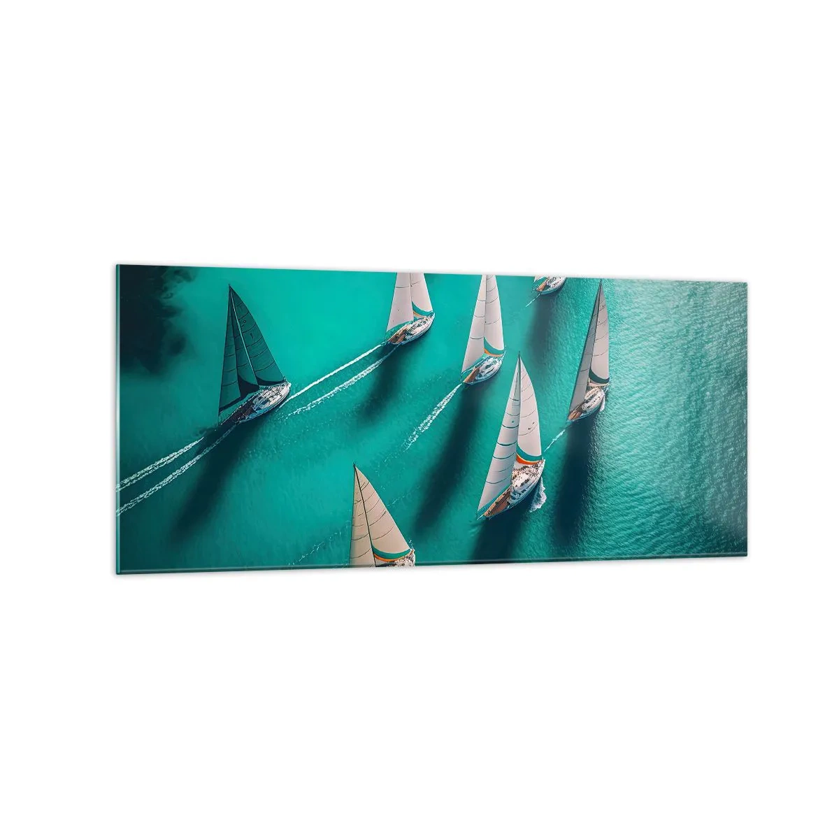 Quadro su vetro - Yacht in movimento dinamico sulle acque turchesi - 120x50cm - In gara con il vento - Decorazione murale moderna per soggiorno e camera da letto ARTTOR
