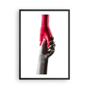 Poster in cornice nera - Mani simboliche in rosso e argento su sfondo bianco - 50x70cm - Insieme, sebbene diversi - Decorazione murale moderna per soggiorno e camera da letto ARTTOR