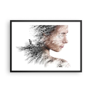 Poster in cornice nera - Silhouette di una donna con un motivo di ramo e uccello sullo sfondo - 70x50cm - Lo spirito della foresta - Decorazione murale moderna per soggiorno e camera da letto ARTTOR