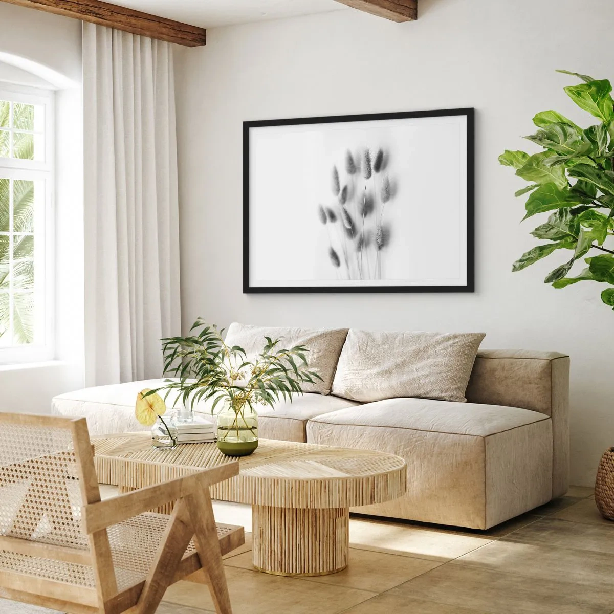 Poster in cornice nera - Erbe delicate in tonalità di grigio su sfondo bianco - 100x70cm - Erba soffice - Decorazione murale moderna per soggiorno e camera da letto ARTTOR