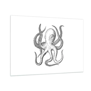 Quadro su vetro - Disegno in bianco e nero di un polpo su sfondo bianco - 100x70cm - Ballando con le onde - Decorazione murale moderna per soggiorno e camera da letto ARTTOR