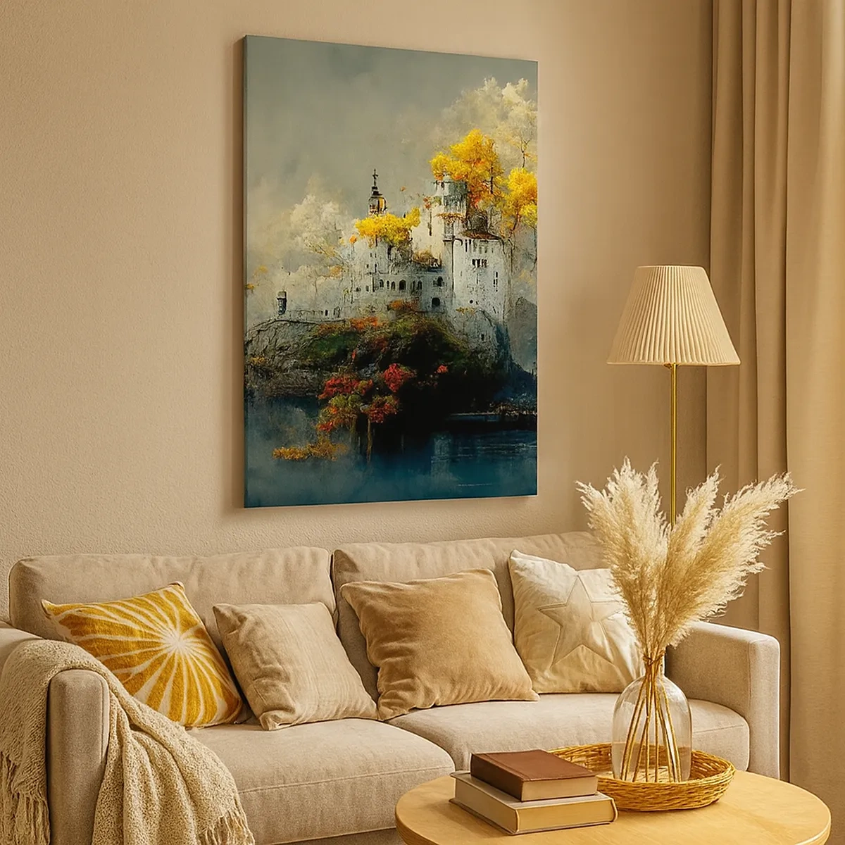 Quadro su tela - Stampe su Tela - Un castello su una collina circondato da alberi autunnali - 50x70cm - Inizio di una storia romantica - Decorazione murale moderna per soggiorno e camera da letto ARTTOR
