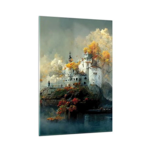 Quadro su vetro - Un castello su una collina circondato da alberi autunnali - 80x120cm - Inizio di una storia romantica - Decorazione murale moderna per soggiorno e camera da letto ARTTOR