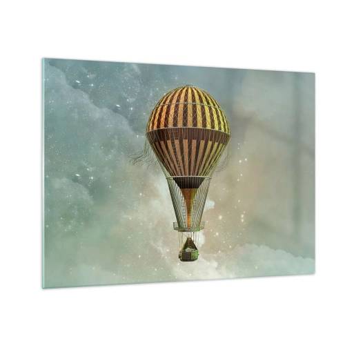 Quadro su vetro - Un palloncino stilizzato sullo sfondo di un cielo stellato e nuvole. - 70x50cm - I voli dei pionieri - Decorazione murale moderna per soggiorno e camera da letto ARTTOR