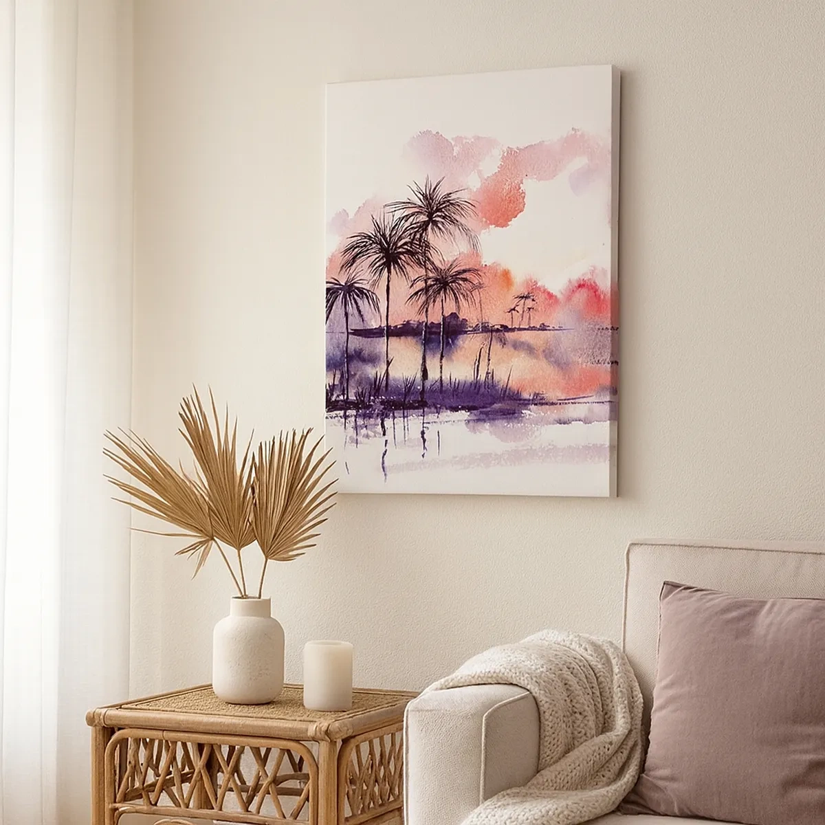 Quadro su tela - Stampe su Tela - Paesaggio tropicale con palme al tramonto in acquerello - 50x70cm - Pace dei tropici in rosso - Decorazione murale moderna per soggiorno e camera da letto ARTTOR