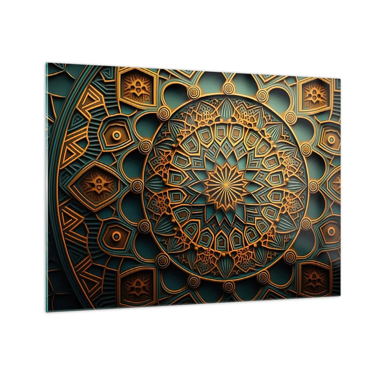 Quadro su vetro - Ornamento in oro e turchese nello stile di un mosaico arabo - 70x50cm - Atmosfera araba - Decorazione murale moderna per soggiorno e camera da letto ARTTOR