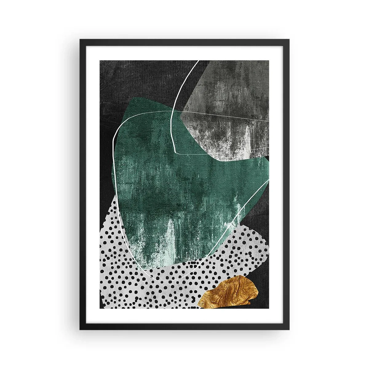 Poster in cornice nera - Composizione astratta in verde e oro - 50x70cm - Astrazione colorata con petalo d'oro - Decorazione murale moderna per soggiorno e camera da letto ARTTOR