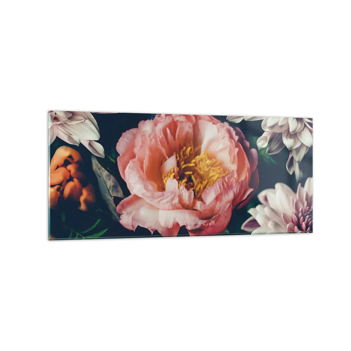 Quadro su vetro - Composizione floreale con peonia e crisantemi su sfondo scuro - 120x50cm - Con fasto barocco - Decorazione murale moderna per soggiorno e camera da letto ARTTOR