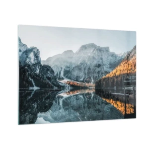 Quadro su vetro - Un paesaggio montano riflesso nella calma superficie del lago - 70x50cm - Paesaggio allo specchio - Decorazione murale moderna per soggiorno e camera da letto ARTTOR